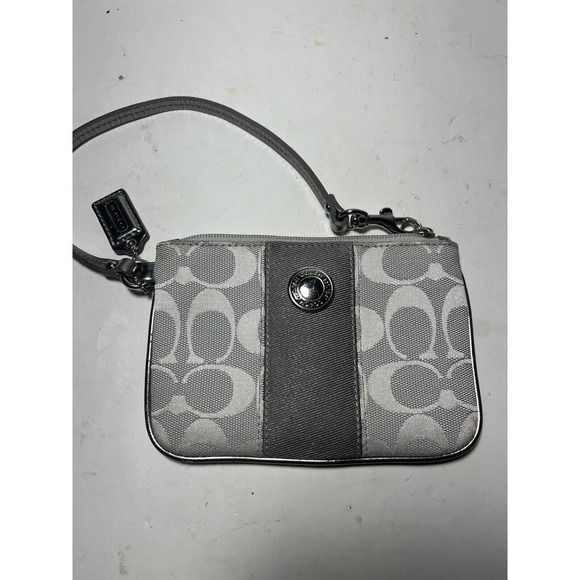 Coach Wristlet Signature Logo Silver Pewter Small Grey Coin Zipper Key Chain - Picture 1 of 7